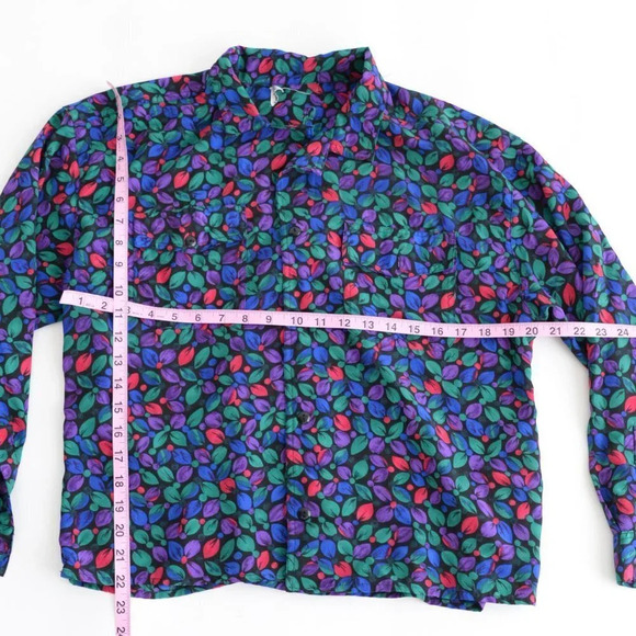 Vintage Black Green Blue Red Floral Button Up Long Sleeve Blouse - Picture 5 of 15